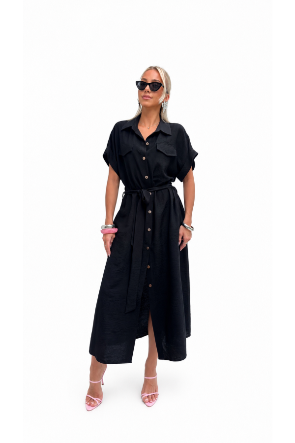 Sukienka Koszulowa Maxi Premium Wiązana w Pasie Elegancka Oversize Guziki Kieszenie - czarny